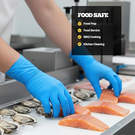 Person wearing blue gloves handling food in a kitchen setting with 'Food Safe' text overlay.