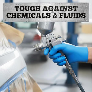 Person wearing blue gloves holding a spray gun with text 'Tough Against Chemicals & Fluids' above.