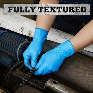 Person wearing blue gloves working on machinery with text 'FULLY TEXTURED' at the top.