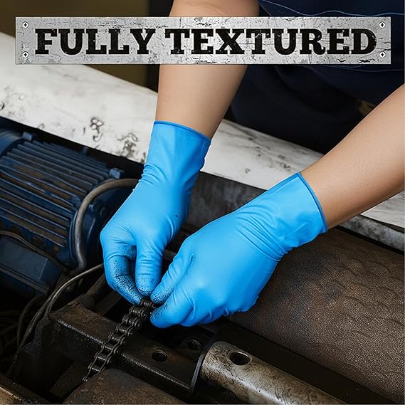 Person wearing blue gloves working on machinery with text 'FULLY TEXTURED' at the top.