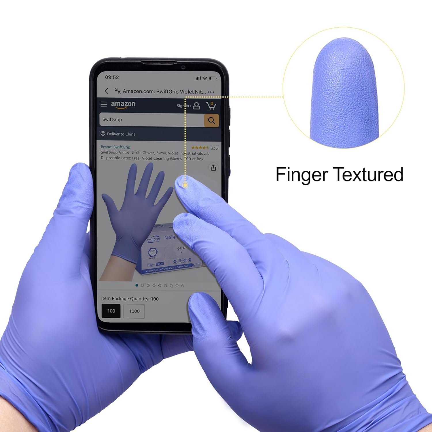 Person wearing violet gloves using a smartphone with a close-up of a textured finger on a white background.