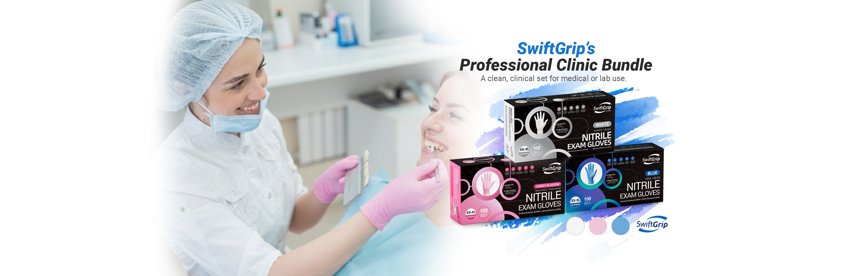 a woman in a clinical setting with SwiftGrips products displayed