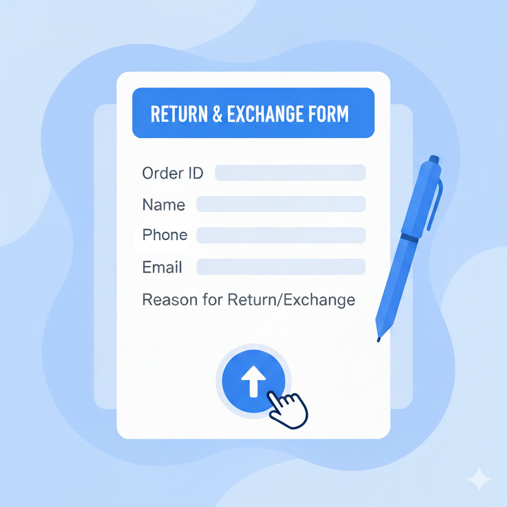 Return and exchange form with fields for order ID, name, phone, email, and reason for return/exchange on a light blue background.