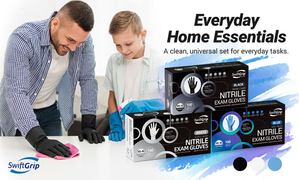 Man and child cleaning with SwiftGrip gloves, boxes of Nitrile Exam Gloves displayed.