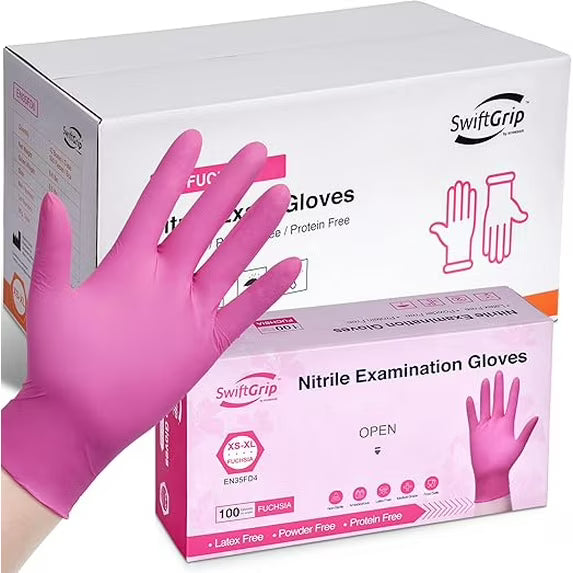 Nitrile Gloves Latex-Free 20x50 Case Pack 4Mil Disposable Gloves Fuchsia, SwiftGrip (EN35F)