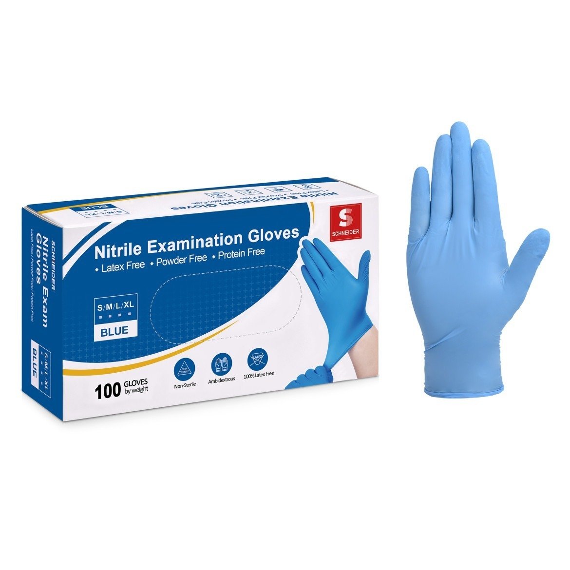 Schneider Disposable Nitrile Exam Gloves Case Pack – Blue, 4 Mil, NBFT70 Series, (10) x 100 Count Boxes (1000 Count)