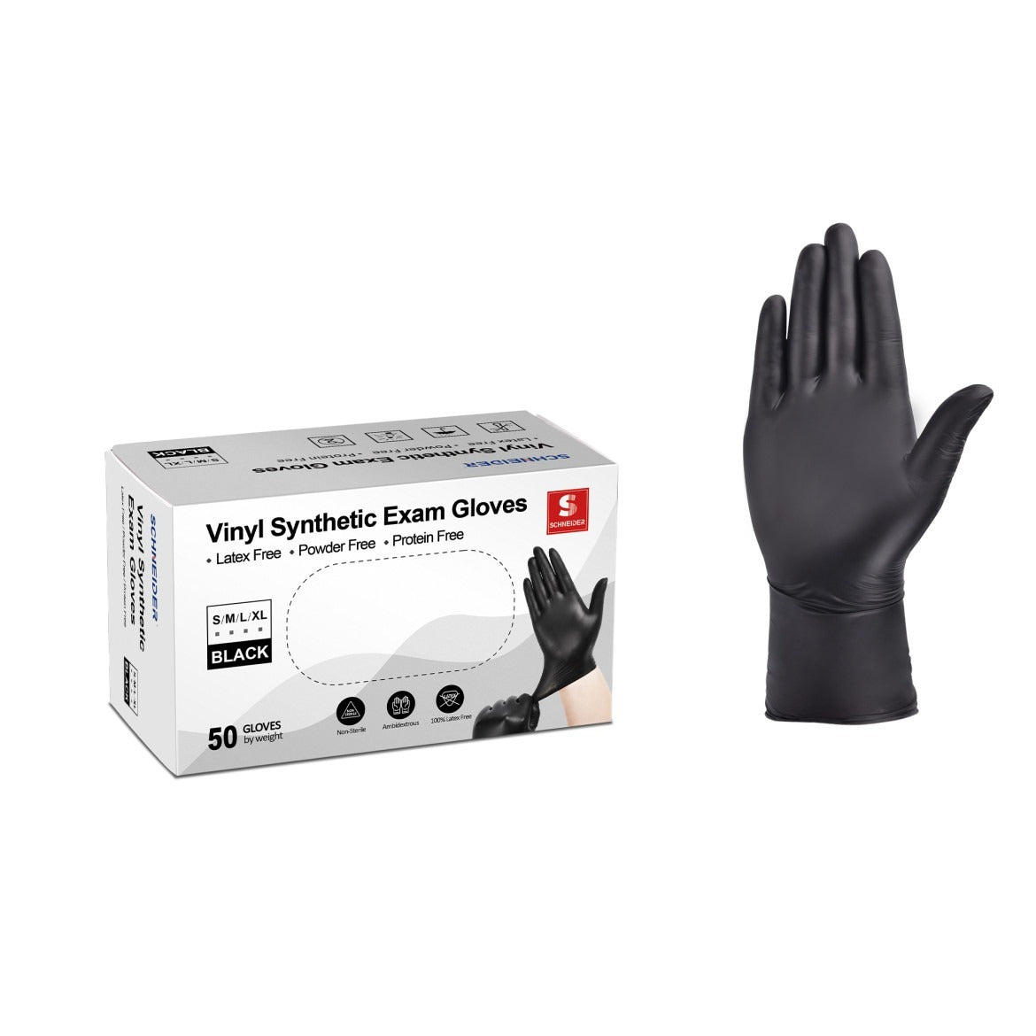 Schneider Disposable Vinyl Synthetic Exam Gloves Case Pack – Black, 4 Mil, VSFK31 Series, (20) x 50 Count Boxes (1000 Count)