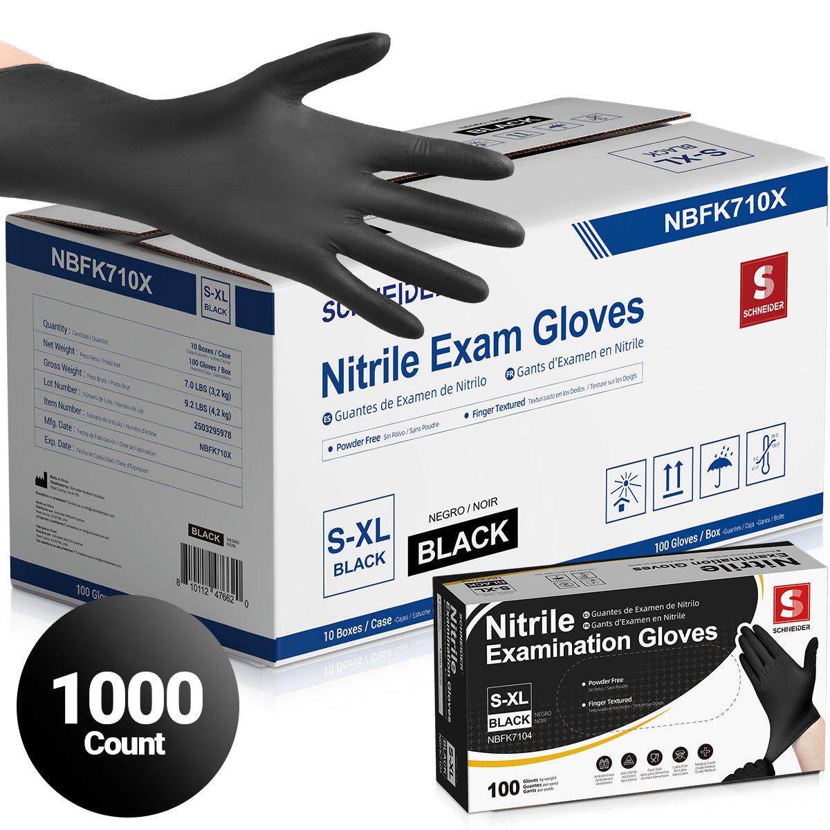 Schneider Nitrile Gloves, 1,000 Count, Black, 4Mil - (NBFK710X-C)
