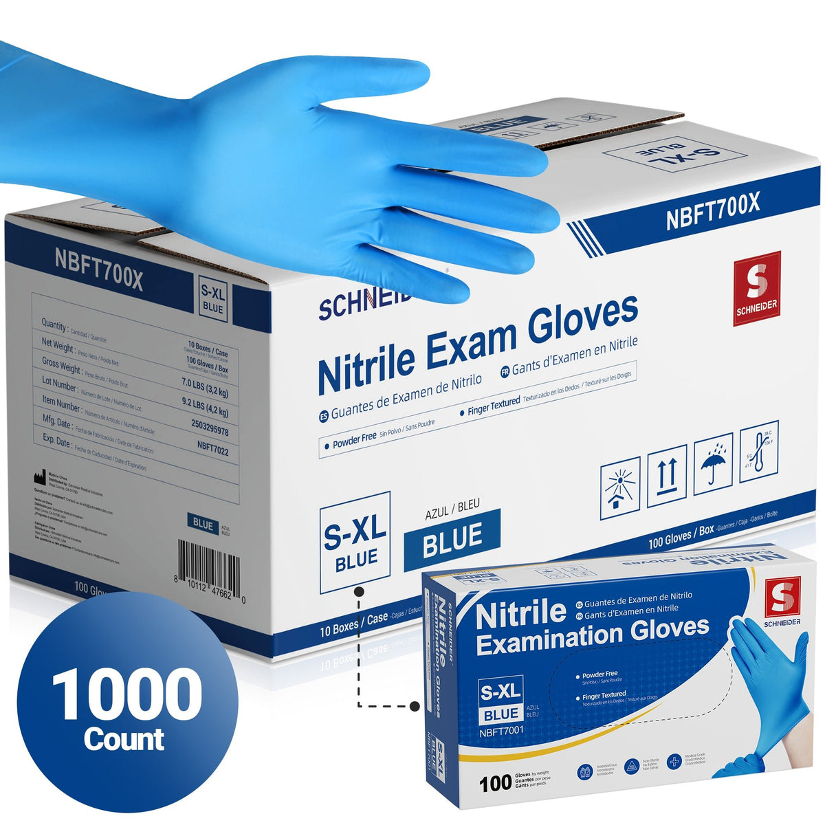 Schneider Nitrile Gloves, 1000 Count, Blue, 4Mil - (NBFT700X-C)