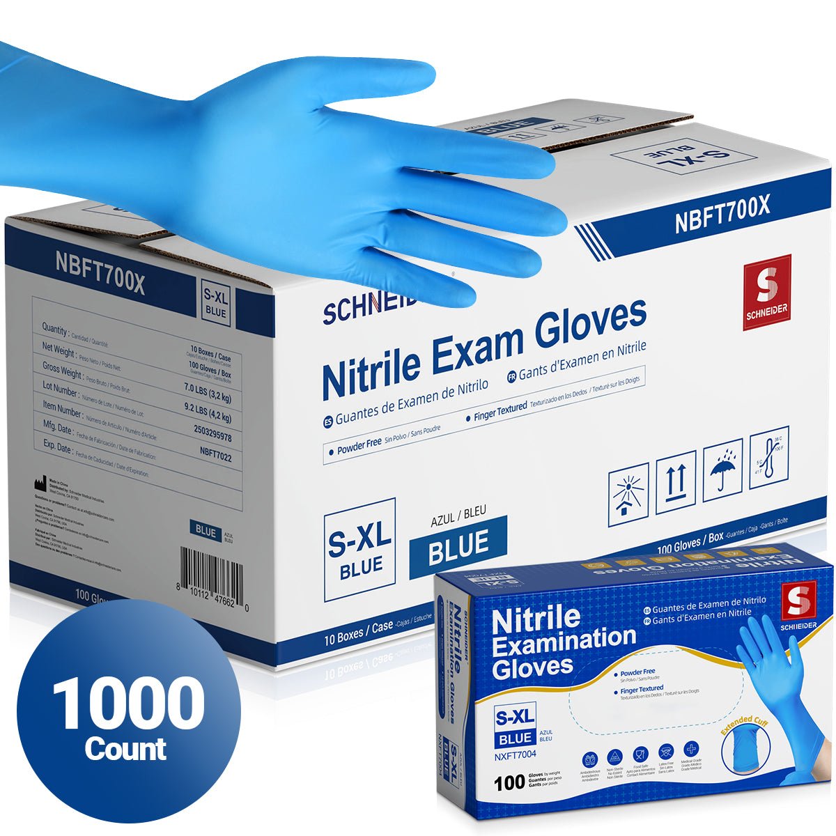 Schneider Nitrile Gloves, 1000 Count, Blue, 4Mil - (NBFT700X-C)