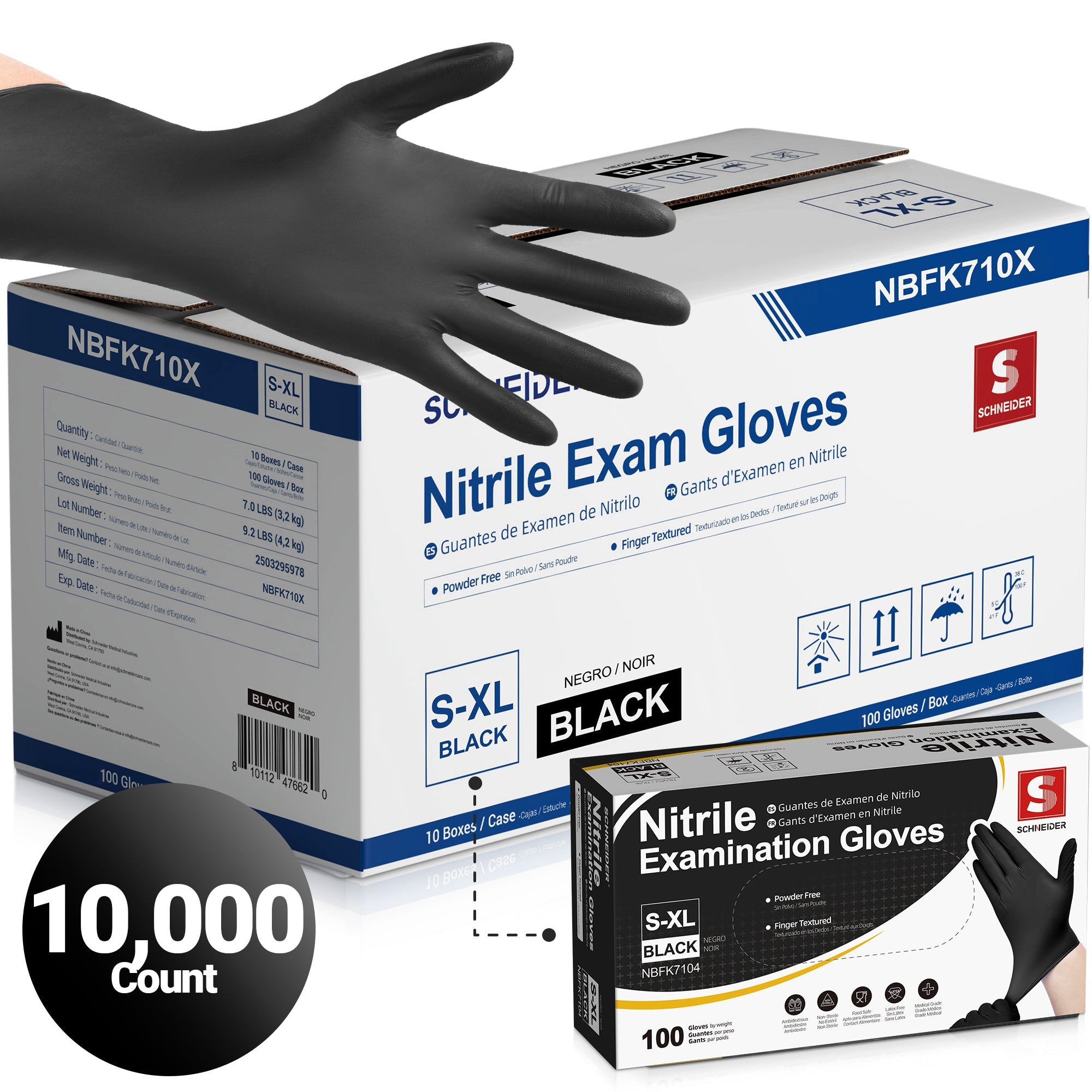 Schneider Nitrile Gloves, 10,000 Count, Black, 4Mil - (NBFK710X-C)