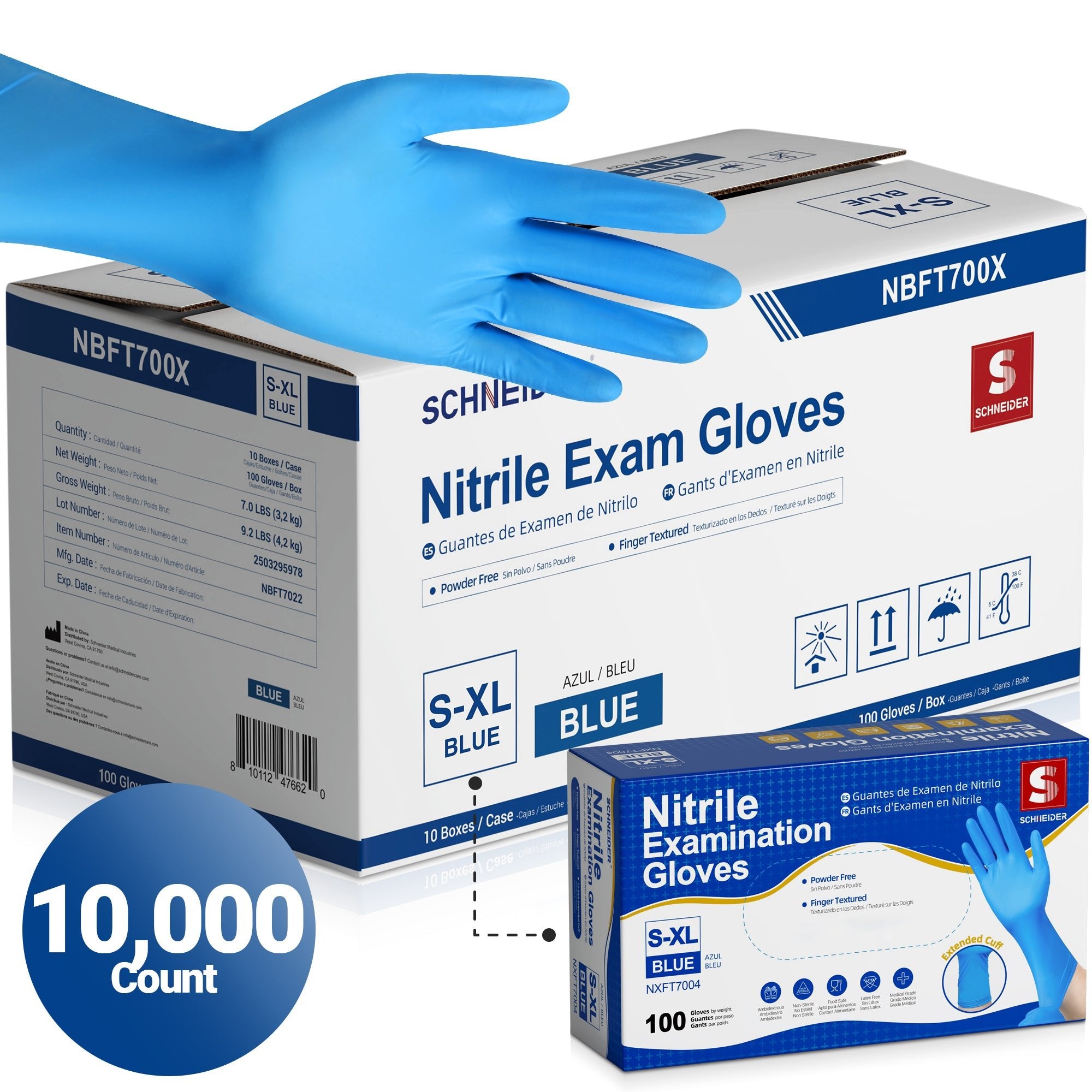 Schneider Nitrile Gloves, 10,000 Count, Blue, 4Mil - (NBFT700X-C)