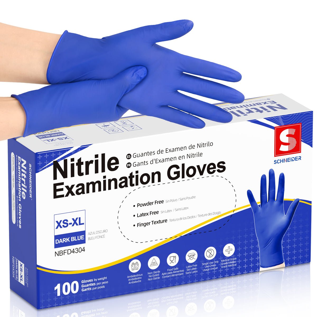 Guantes de nitrilo Schneider desechables de 4 milésimas de pulgada sin látex, azules (NBFT70) 
