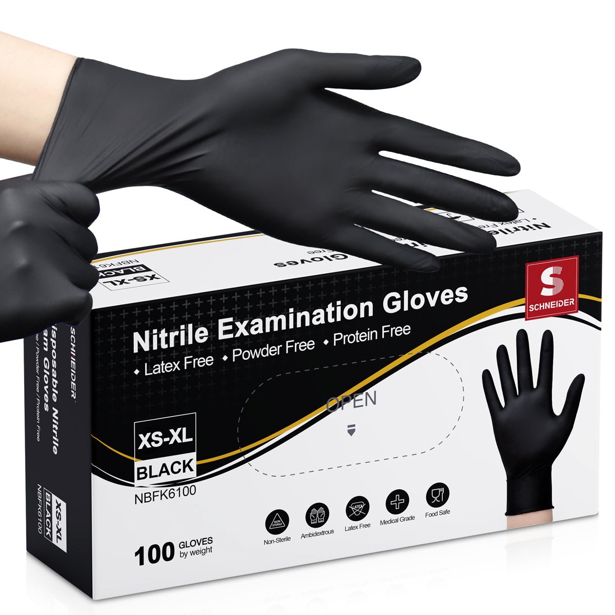 Schneider Vinyl Gloves, Latex-Free, 3Mil, Disposable, Gloves, Black, NBFK61, 100 Count, Medium
