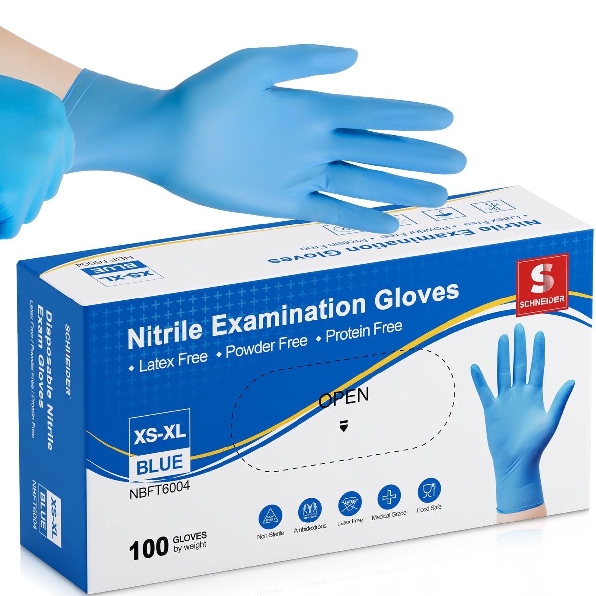 Guantes de nitrilo Schneider desechables de 4 milésimas de pulgada sin látex, azules (NBFT70) 