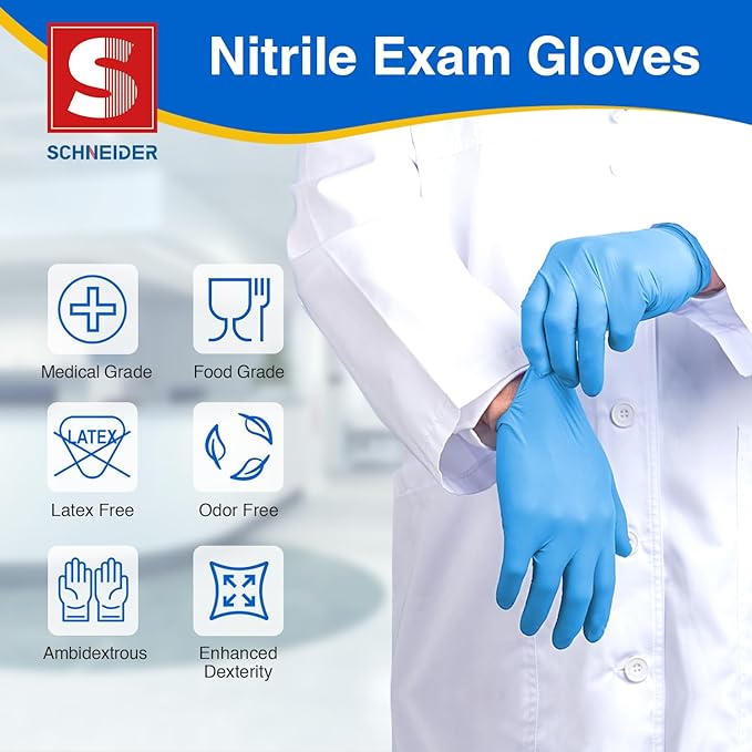 Guantes de nitrilo Schneider desechables de 4 milésimas de pulgada sin látex, azules (NBFT70) 