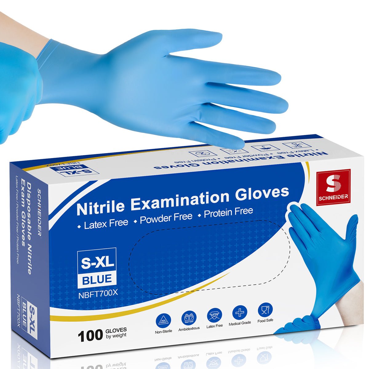 Schneider Vinyl Gloves, Latex-Free, 4Mil, Disposable, Gloves, Blue, NBT70, 100 Count, Medium
