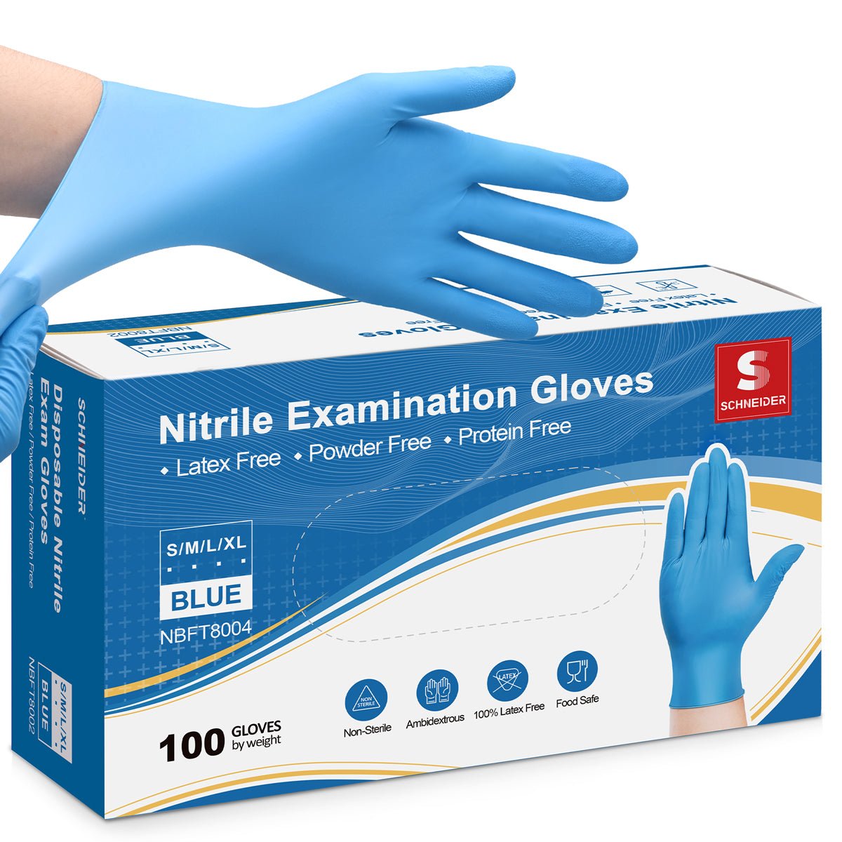 Guantes de nitrilo Schneider desechables de 4 milésimas de pulgada sin látex, azules (NBFT70) 