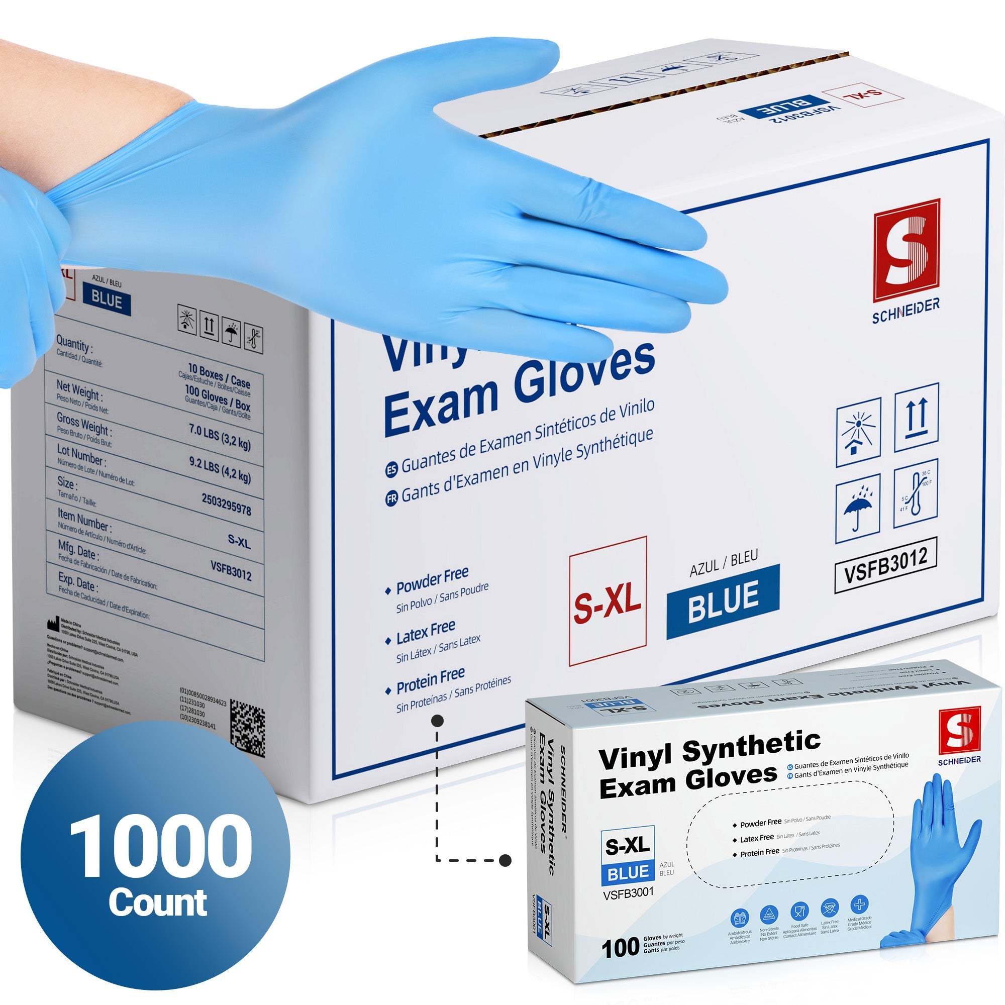 Schneider Vinyl Gloves, 1000 Count, Blue, 4Mil (VSFB30-C)