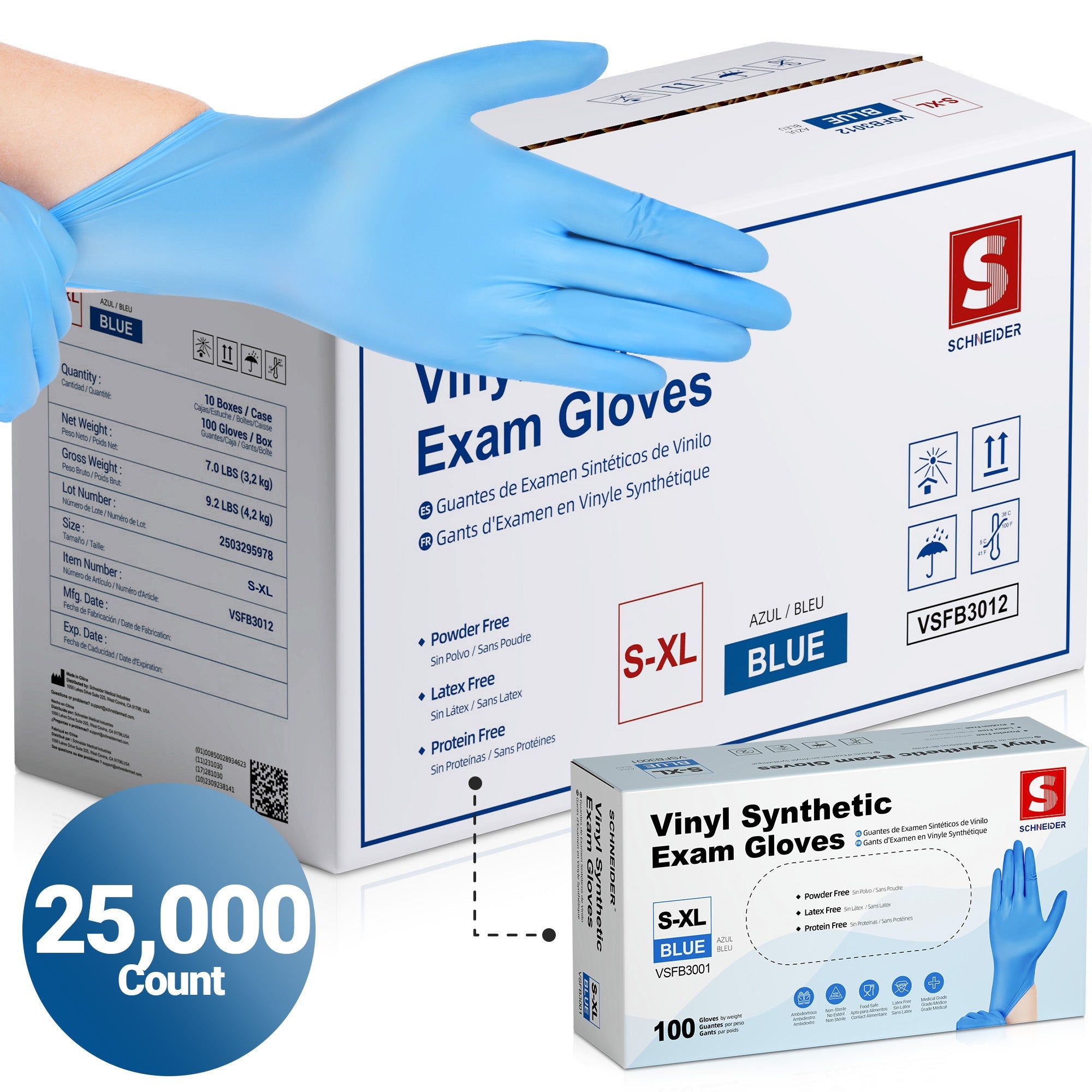 Schneider Vinyl Gloves, 25,000 Count, Blue, 4Mil (VSFB30-C)