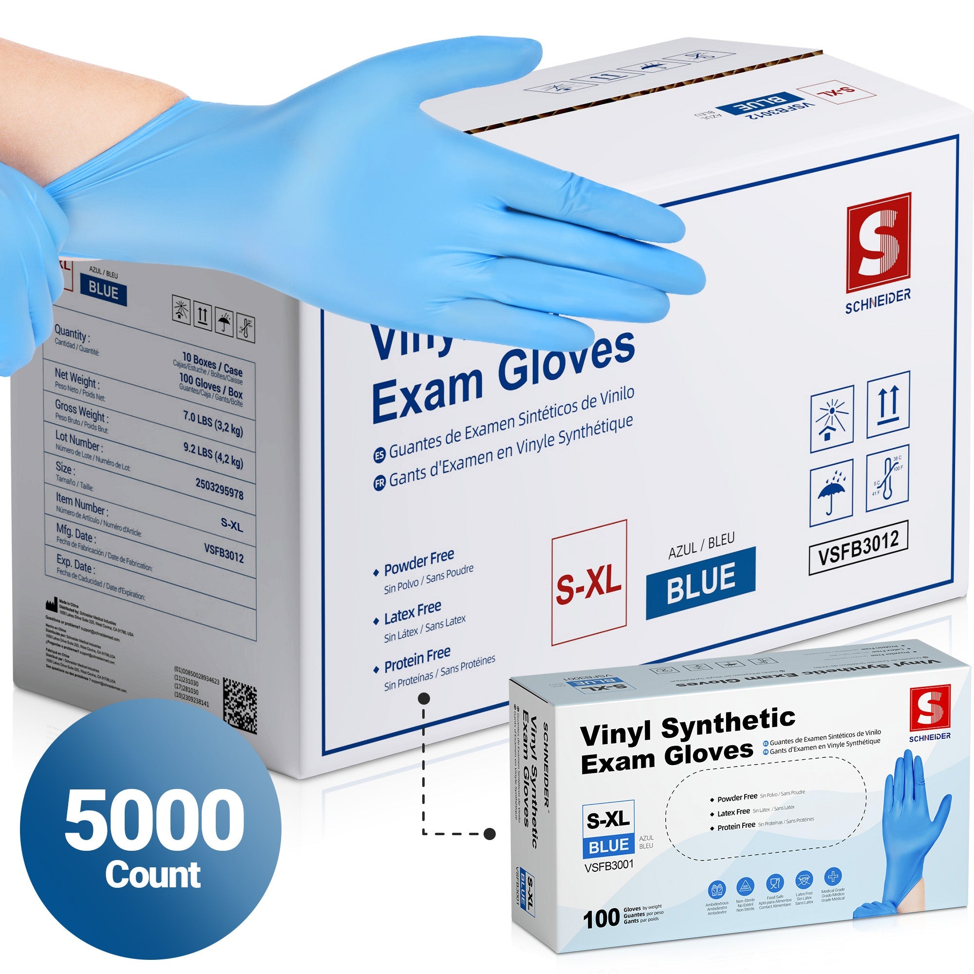Schneider Vinyl Gloves, 5000 Count, Blue, 4Mil (VSFB30-C)