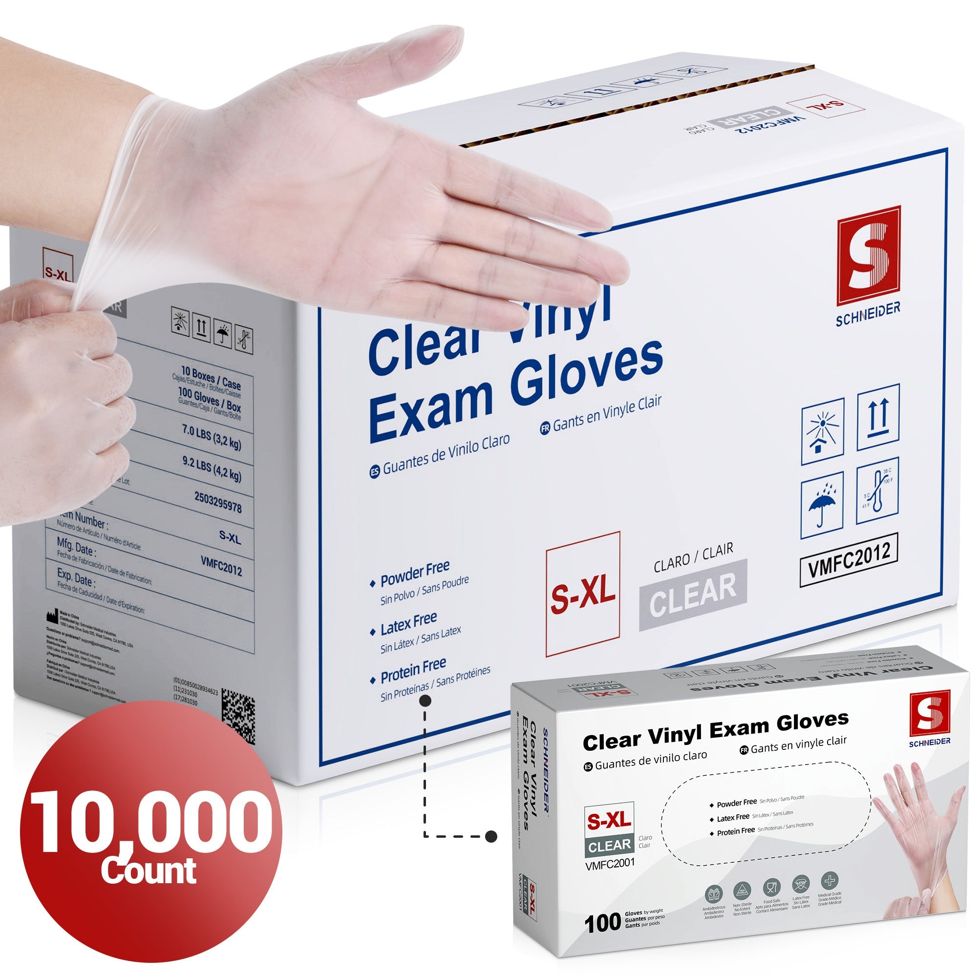 Guantes de vinilo transparentes Schneider, caja de 10,000 unidades, 4 mil - (VMFC200X-C)