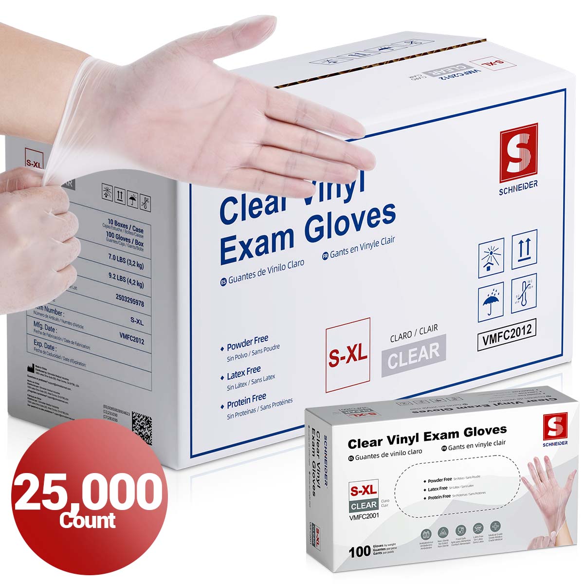 Schneider Vinyl Gloves Clear, 25,000 Count, 4Mil - (VMFC2001-C)