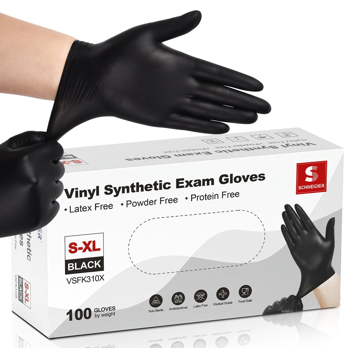 Schneider Vinyl Gloves, Latex-Free, 4Mil, Disposable, Gloves, Black, VSFK31, 100 Count, Medium
