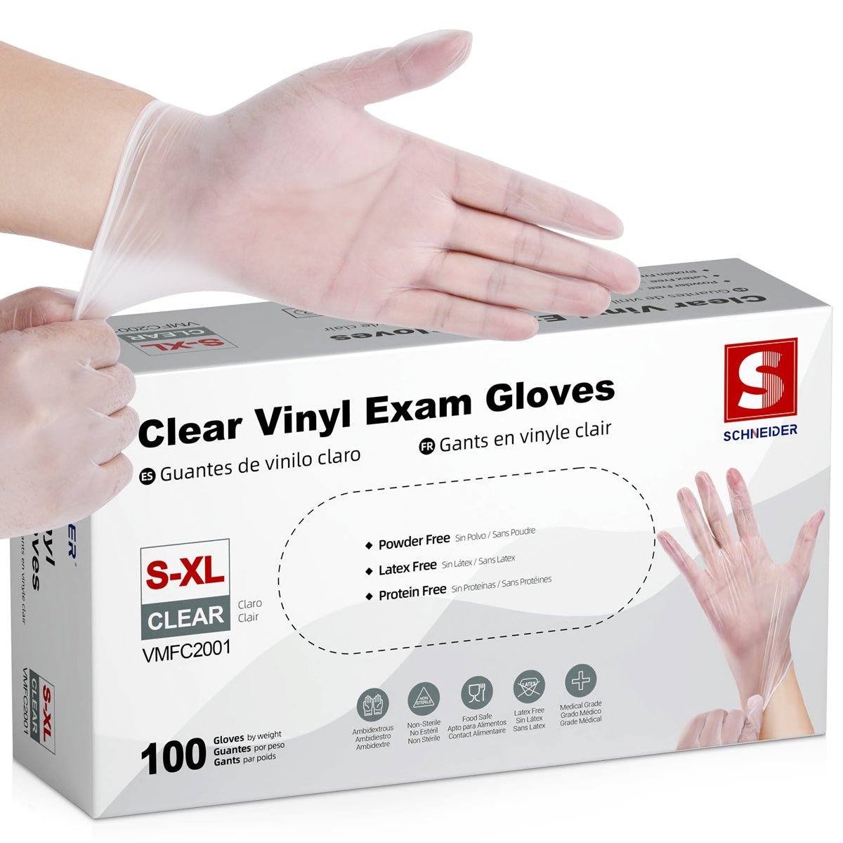 Schneider Vinyl Gloves, Latex-Free, 4Mil, Disposable Gloves, Clear, VMFC20, 100 Count, Medium