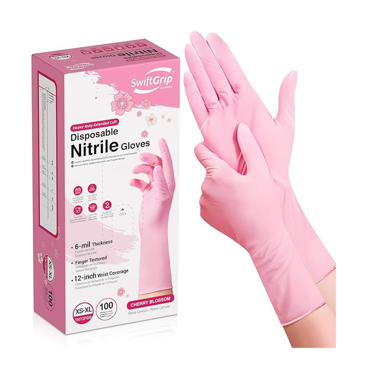 SwiftGrip Disposable Heavy-Duty Nitrile Cleaning Gloves Case Pack – Cherry Blossom, 3 Mil, TN72 Series, (10) x 100 Count Boxes (1000 Count)
