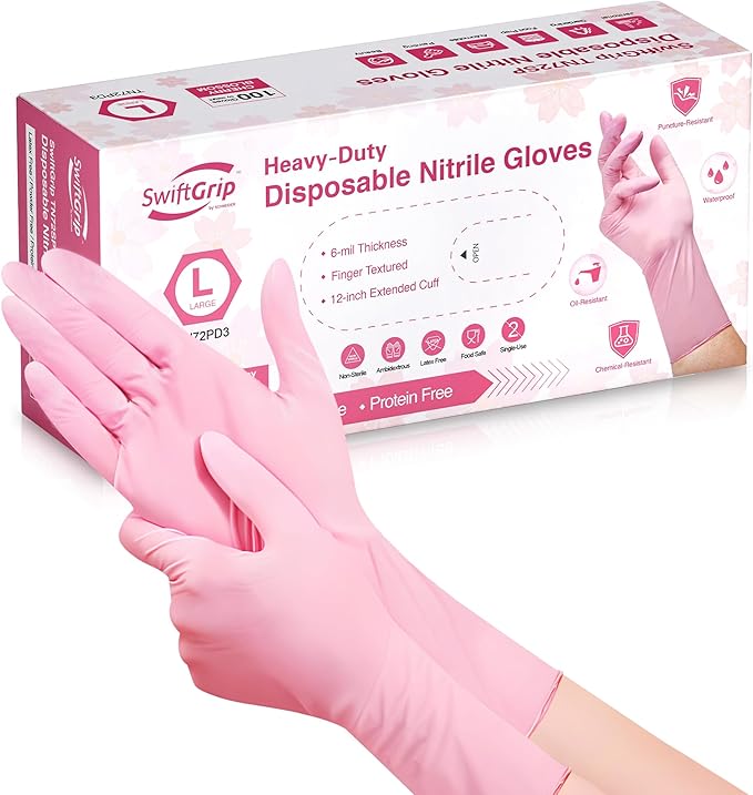 SwiftGrip Disposable Heavy-Duty Nitrile Cleaning Gloves Case Pack – Cherry Blossom, 3 Mil, TN72 Series, (20) x 50 Count Boxes (1000 Count)