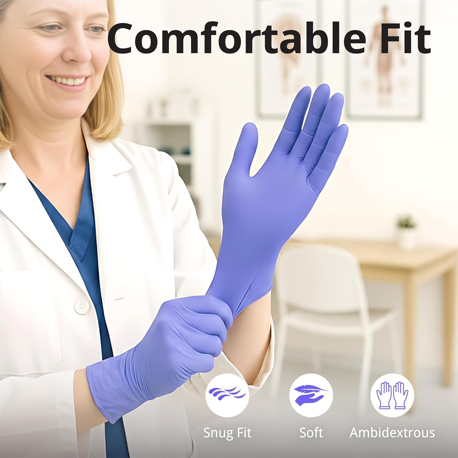 Person wearing violet gloves with text 'Comfortable Fit' and icons indicating 'Snug Fit', 'Soft', and 'Ambidextrous'.