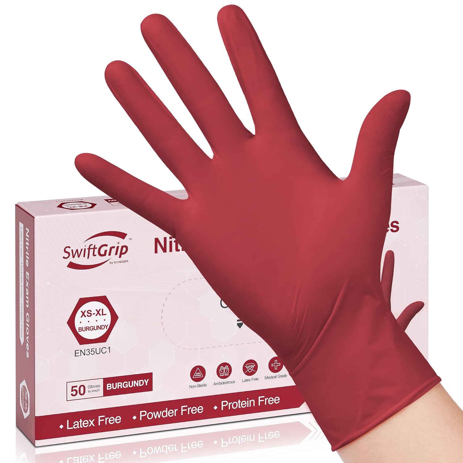 SwiftGrip Disposable Light-Duty Nitrile Exam Gloves Case Pack – Burgundy, 3 Mil, EN35U Series, (20) x 50 Count Boxes (1000 Count)