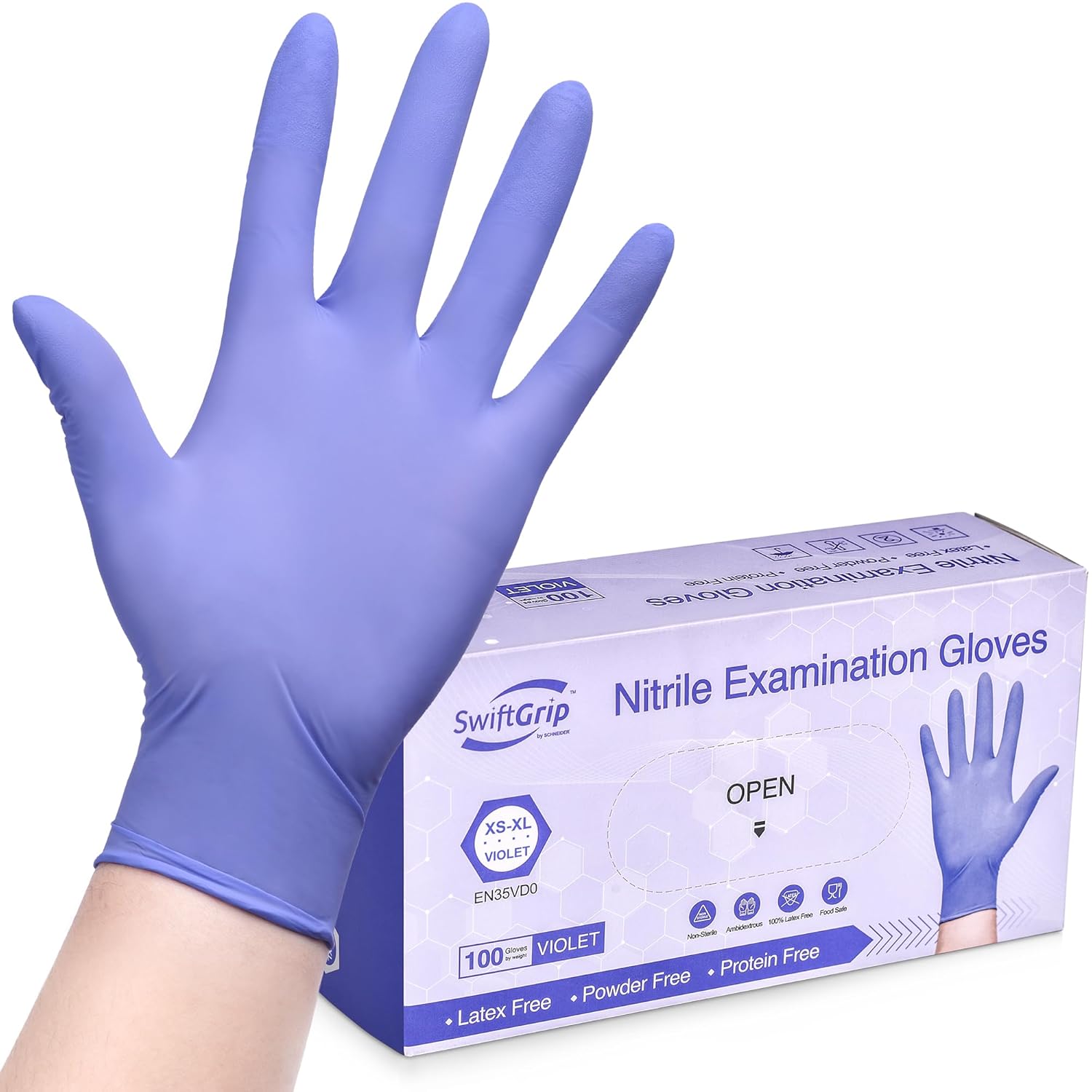 SwiftGrip Disposable Light-Duty Nitrile Exam Gloves Case Pack – Violet, 3 Mil, EN35V Series, (10) x 100 Count Boxes (1000 Count)