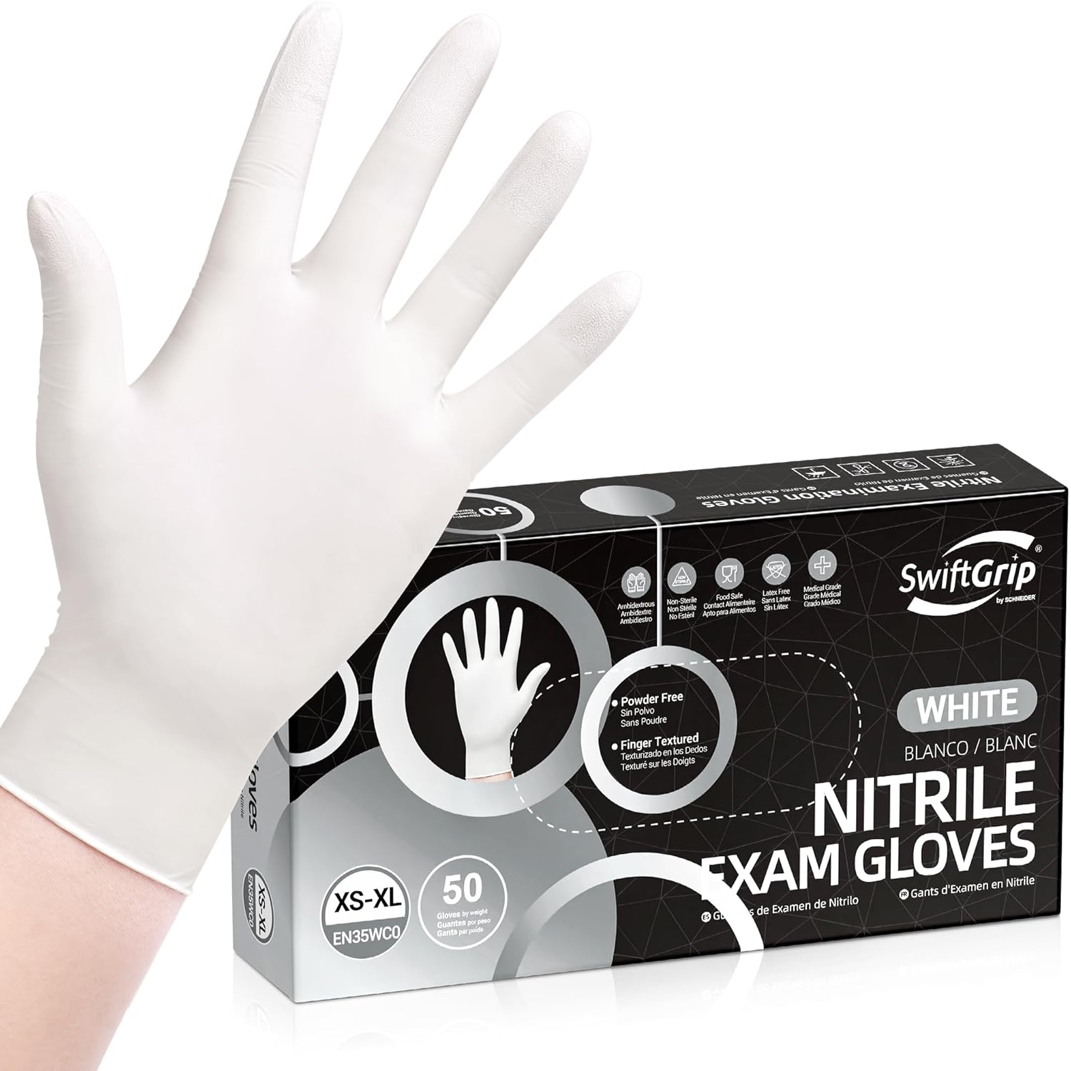SwiftGrip Disposable Light-Duty Nitrile Exam Gloves Case Pack – White, 3 Mil, EN35W Series, (20) x 50 Count Boxes (1000 Count)