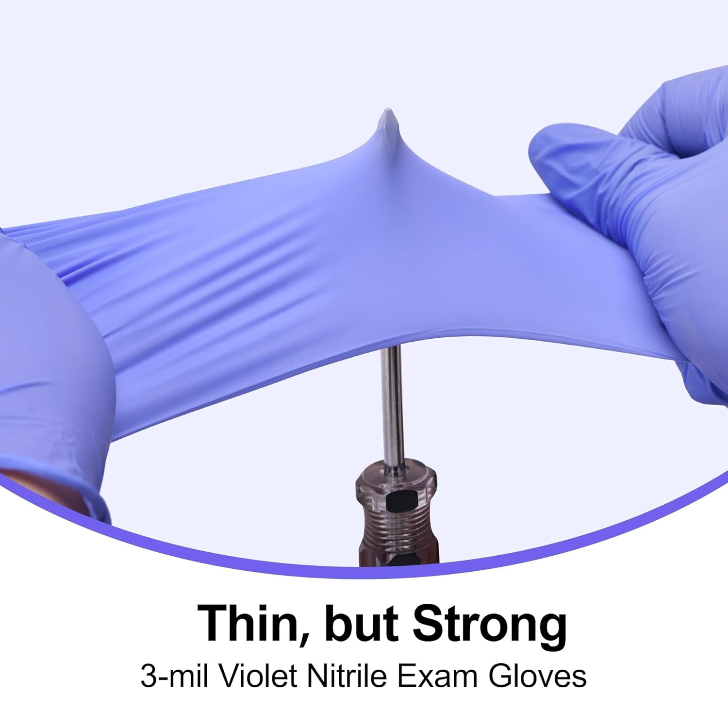 Pair of 3-mil violet nitrile exam gloves stretching over a screwdriver on a white background.
