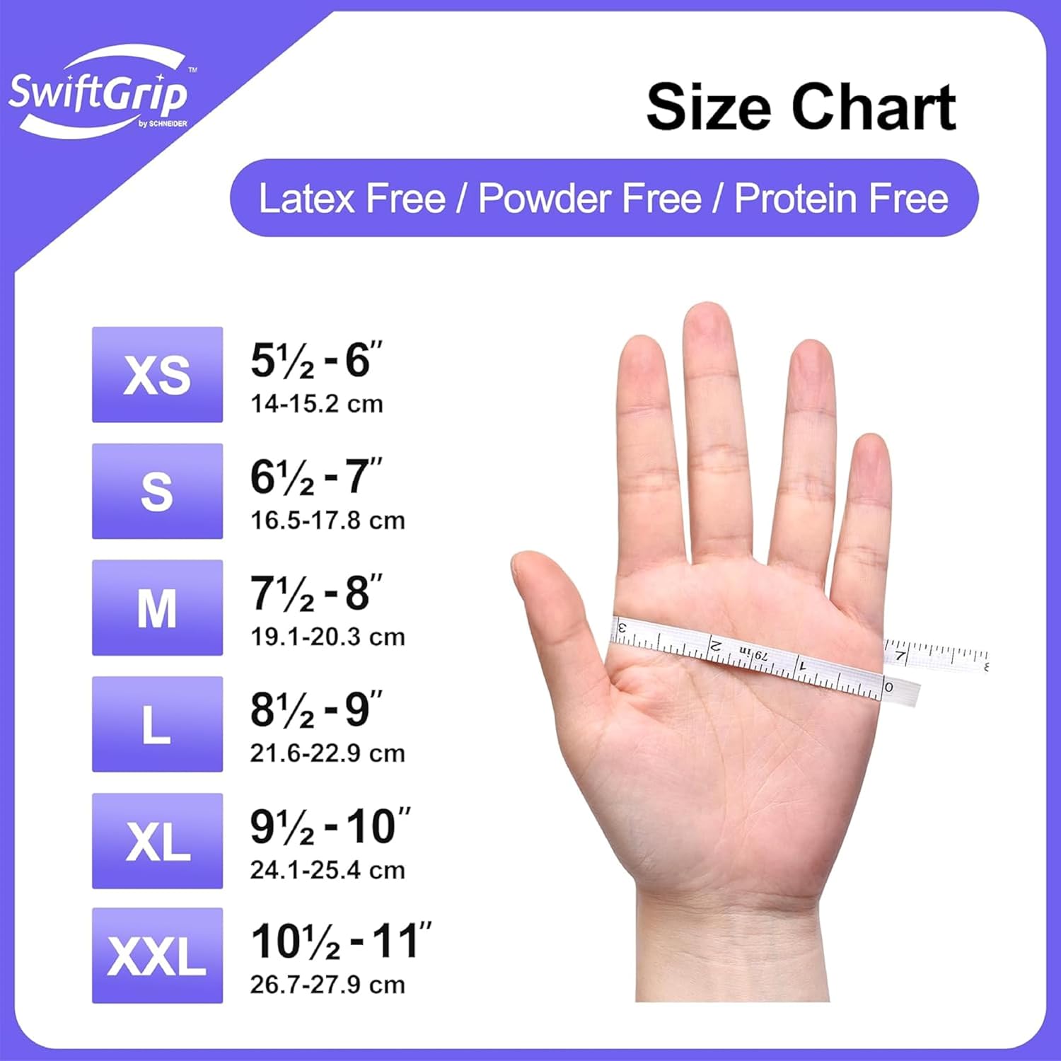 Size chart for gloves with a hand and ruler for measurement, branded as SwiftGrip.