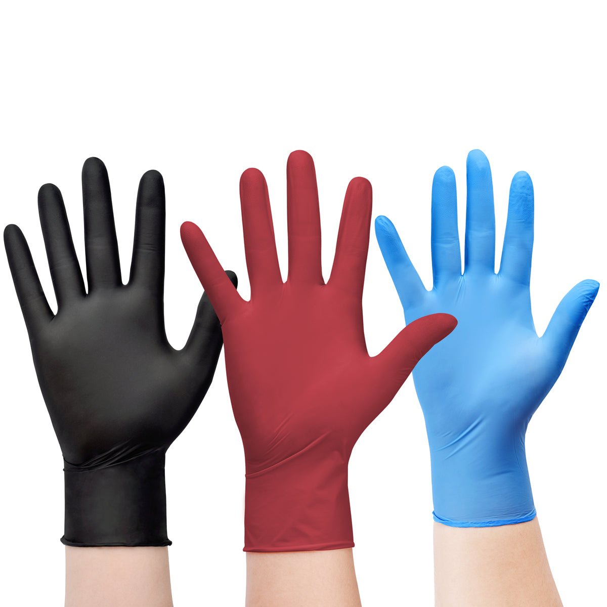 SwiftGrip nlack, burgundy, and blue gloves displayed on a white background