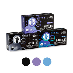 Boxes of SwiftGrip nitrile exam gloves in black, violet, and blue on a white background.