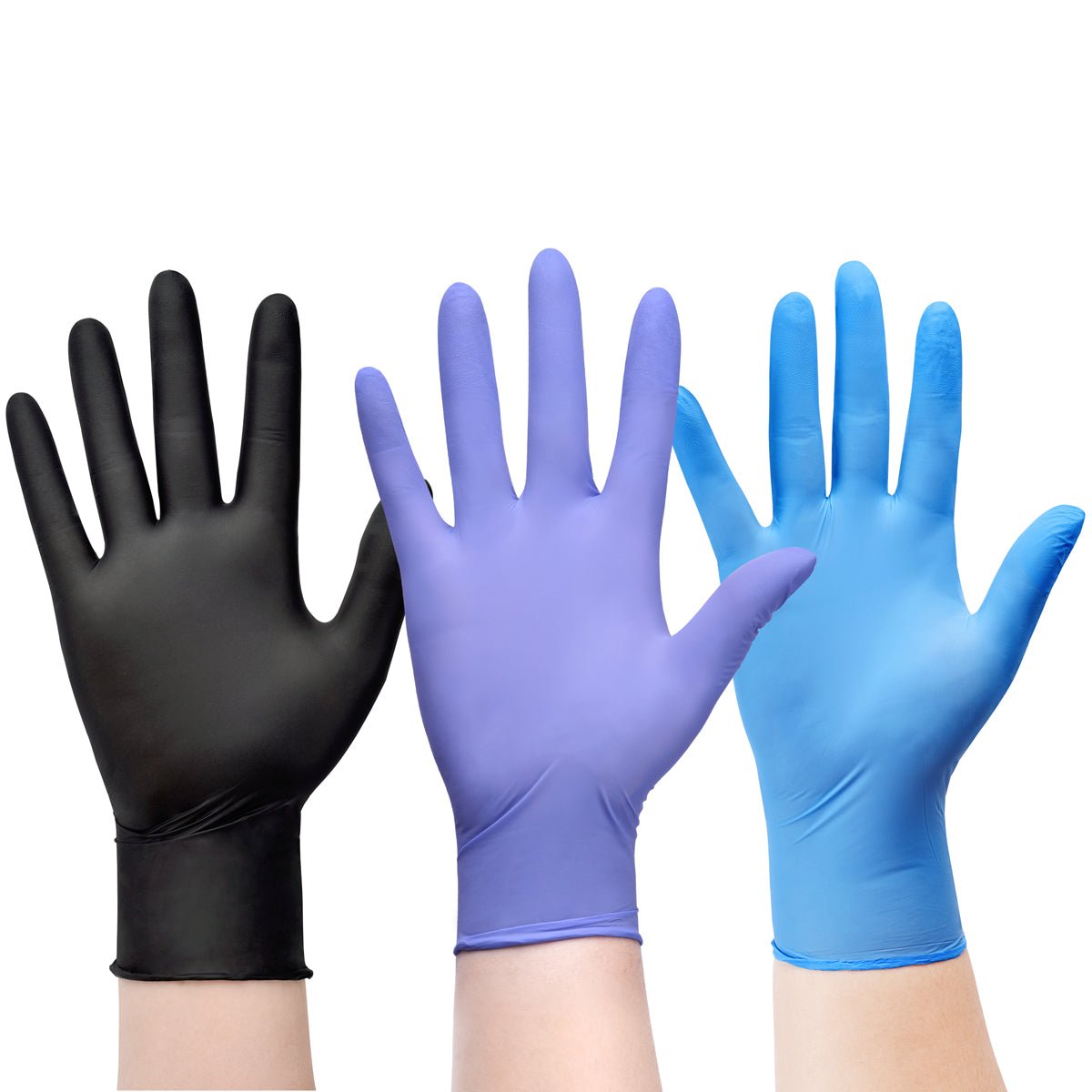 SwiftGrip Black, purple, and blue gloves on a white background