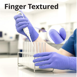 Person wearing violet finger-textured gloves using a pipette in a laboratory setting.