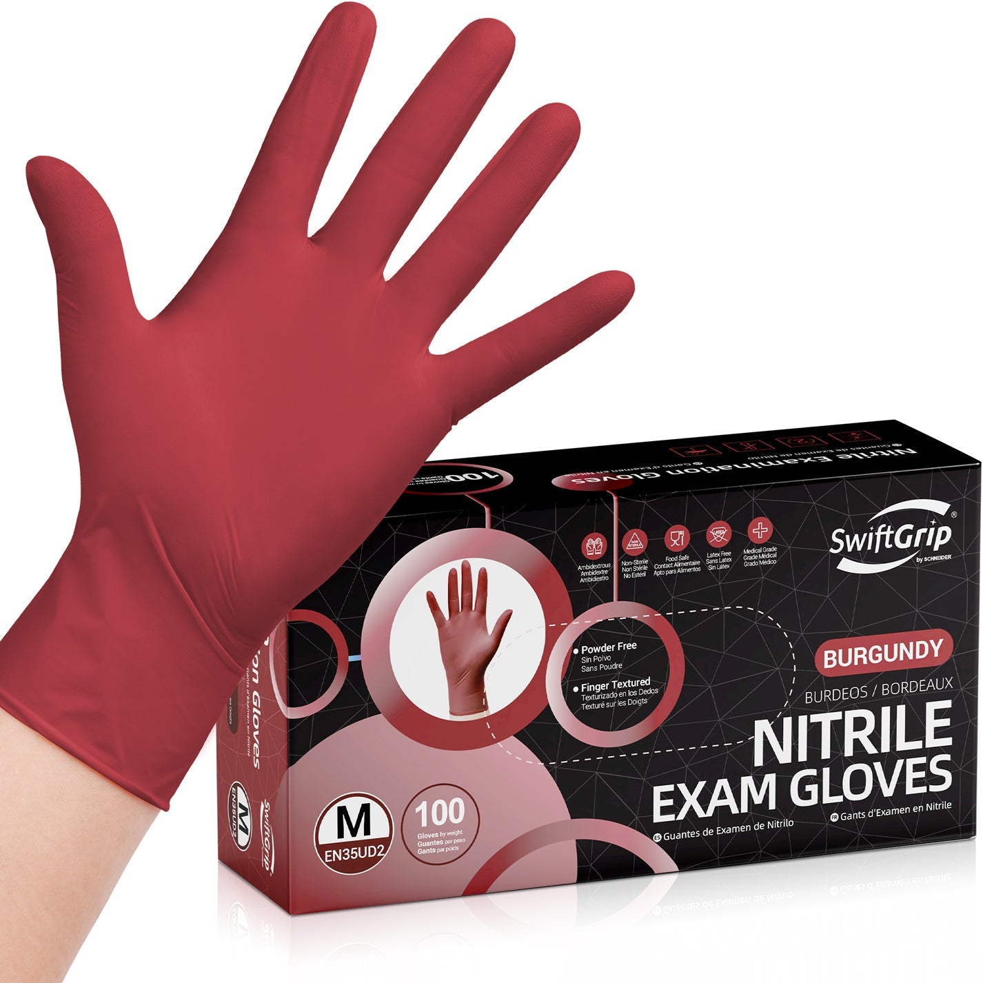 Burgundy nitrile exam glove with SwiftGrip packaging on a white background