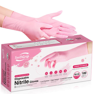 SwiftGrip Nitrile Gloves, Extended-Cuff, 6Mil, Disposable Gloves, Cherry Blossom, TN72P, 100 count, Small