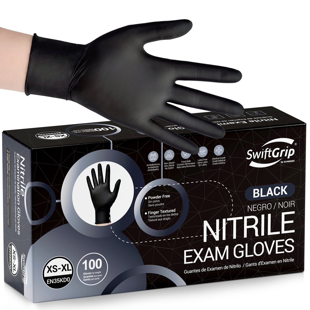 SwiftGrip Nitrile Gloves Latex-Free, 4Mil, Disposable Gloves, Black, EN35K, 100 Count