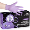 Box of SwiftGrip lilac nitrile exam gloves with a hand wearing a glove on top.