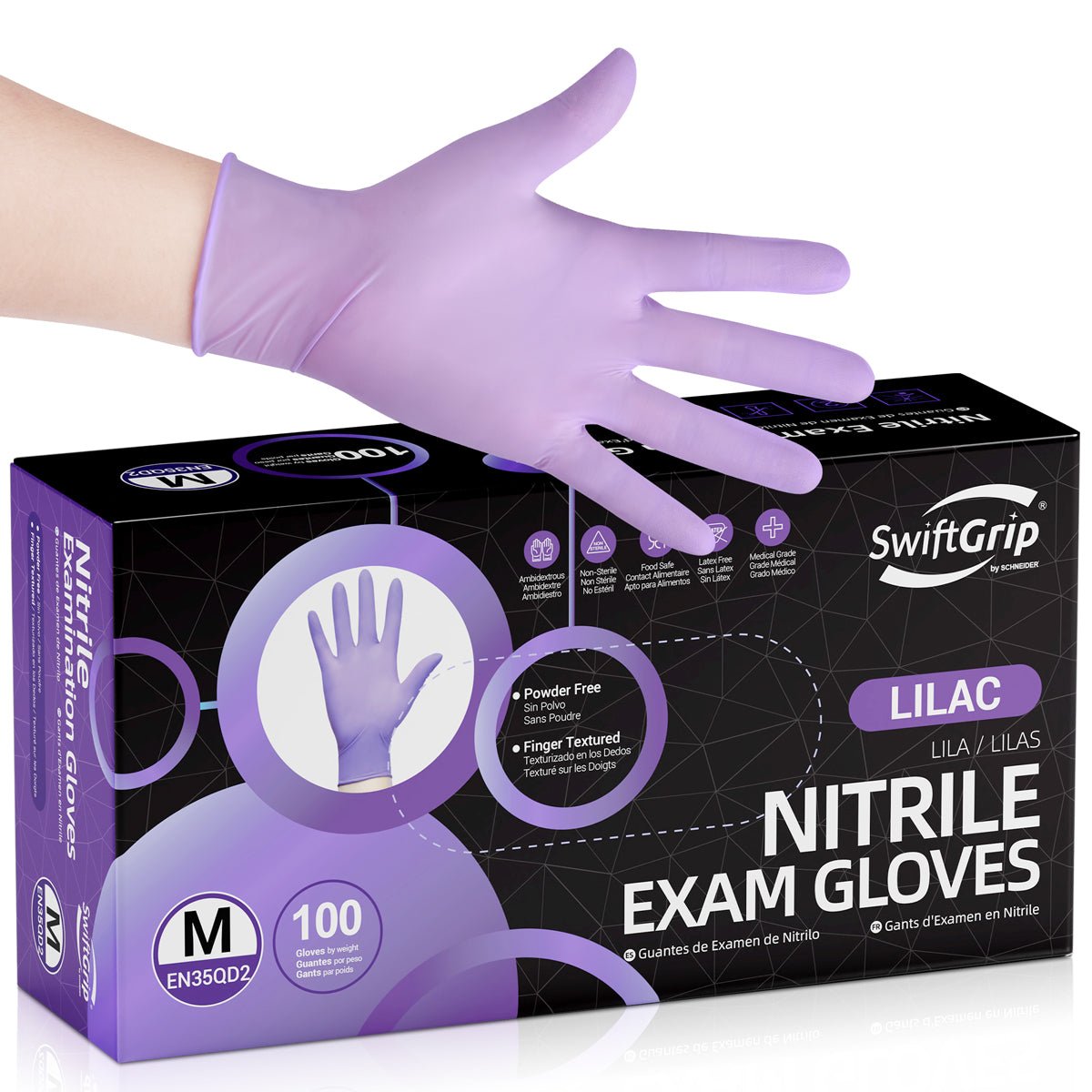 Box of SwiftGrip lilac nitrile exam gloves with a hand wearing a glove on top.