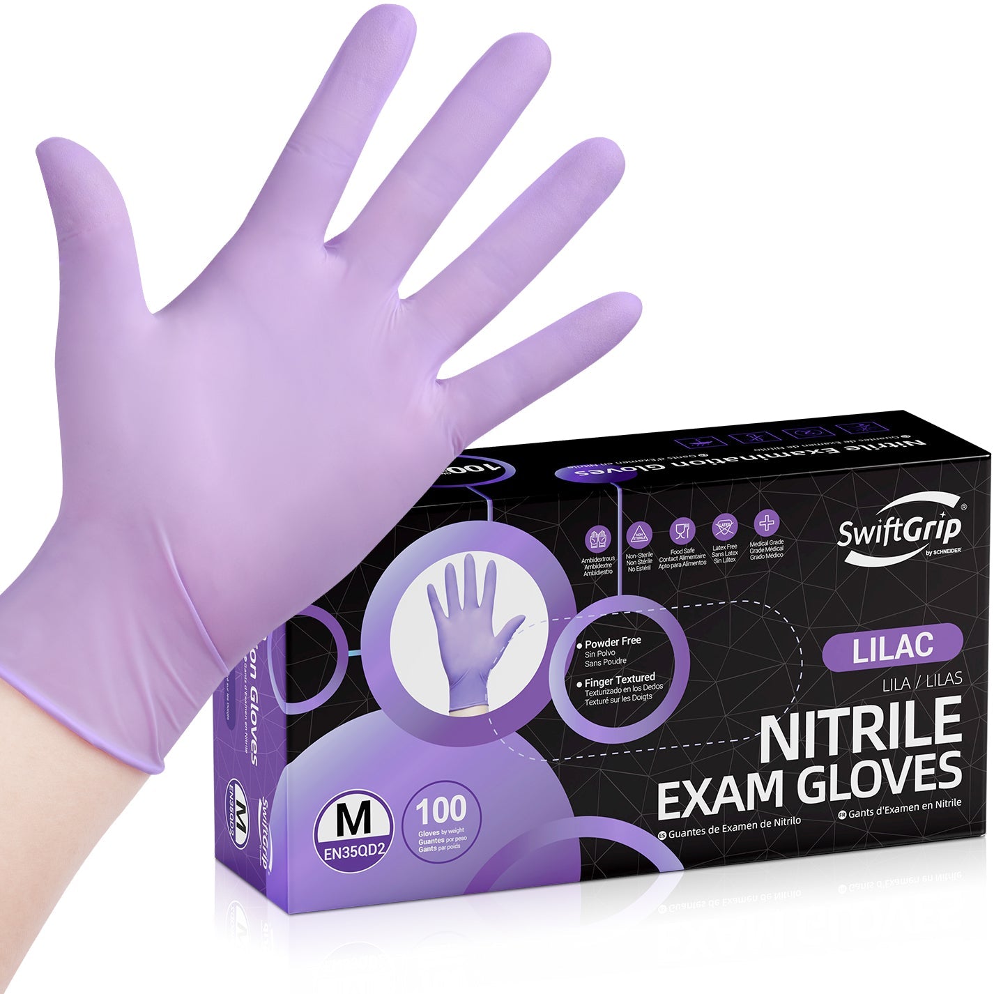 SwiftGrip Purple nitrile exam glove with SwiftGrip packaging on a white background