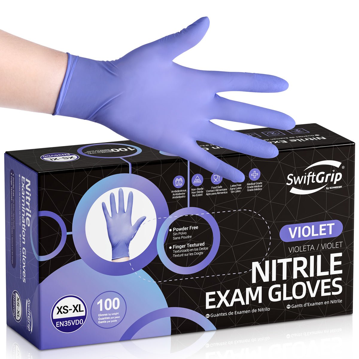 SwiftGrip Nitrile Gloves Latex-Free, 4Mil, Disposable Gloves, Violet, EN35V, 100 Count