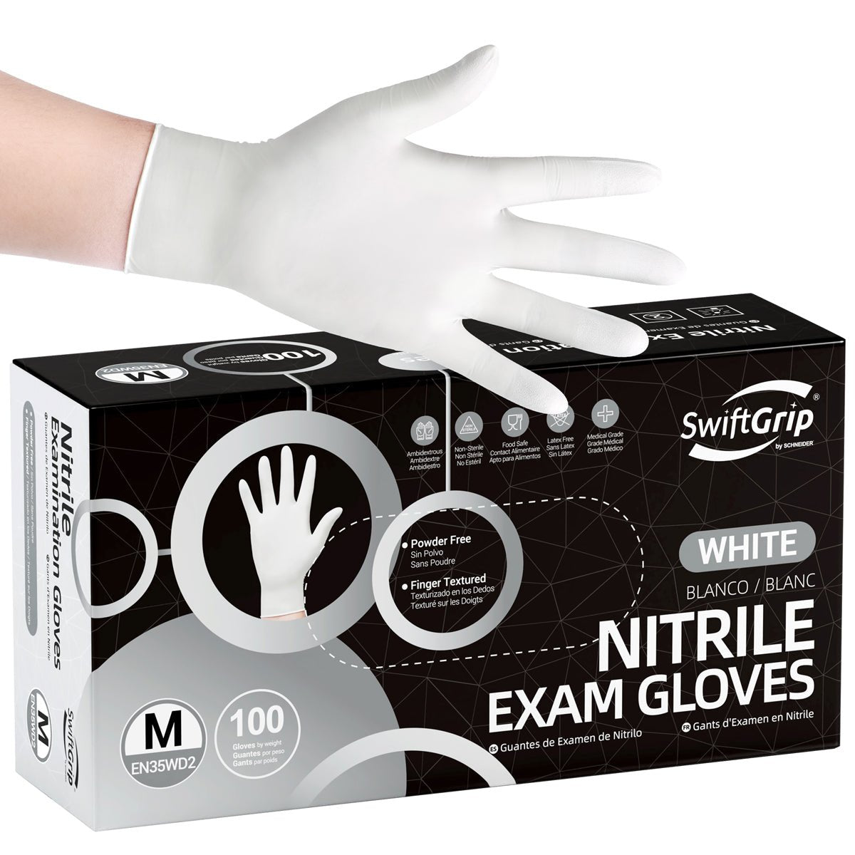 SwiftGrip Nitrile Gloves Latex-Free, 4Mil, Disposable Gloves, White, EN35W, 100 Count