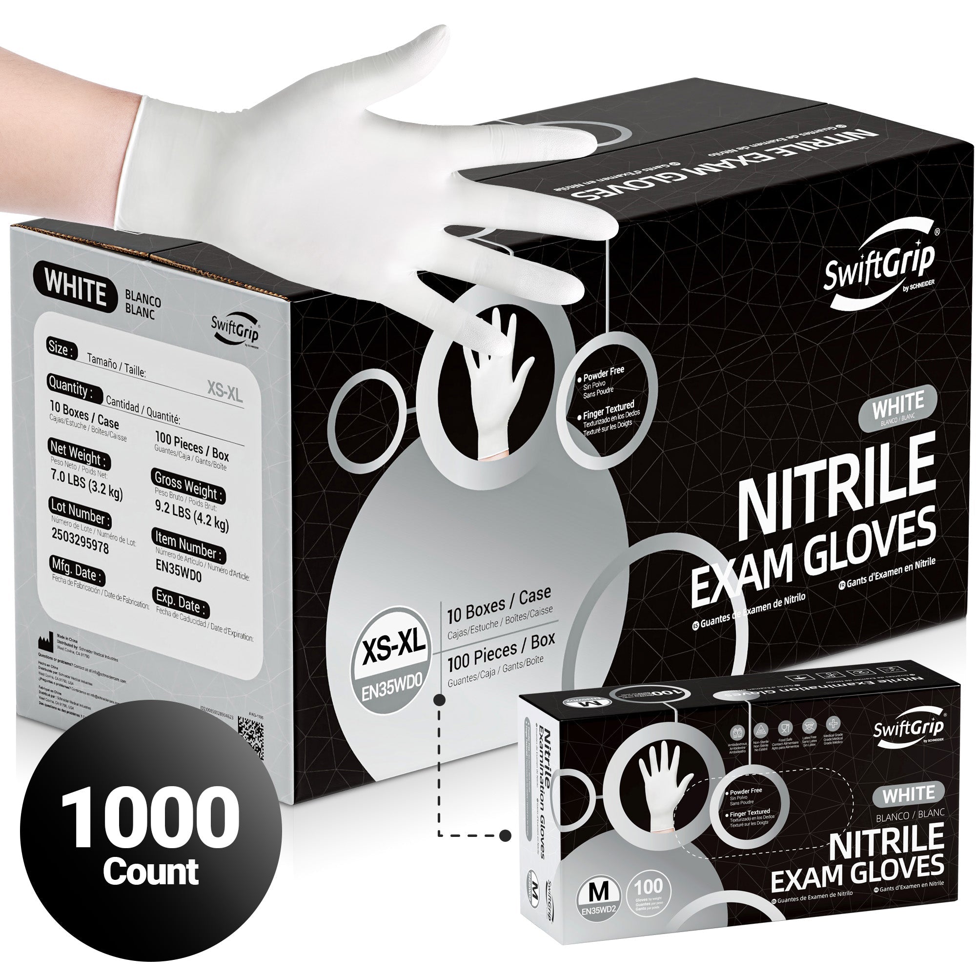 SwiftGrip Nitrile Gloves White, 3mil, 1,000 Count - (EN35WDX-C)